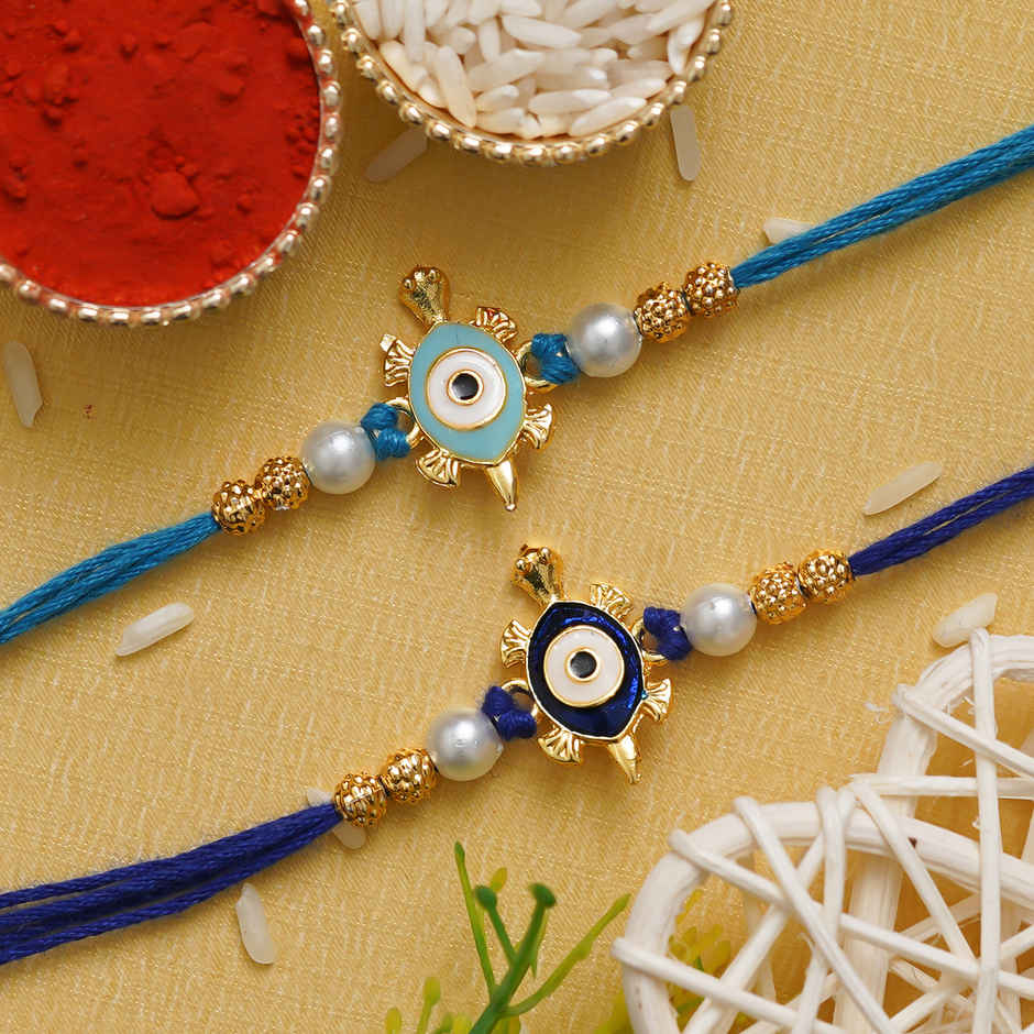 Multicolor Evil Eye Tortoise Rakhis with Roli Chawal | Feng Shui Rakhi | Pack of 2 | Ecraftindia