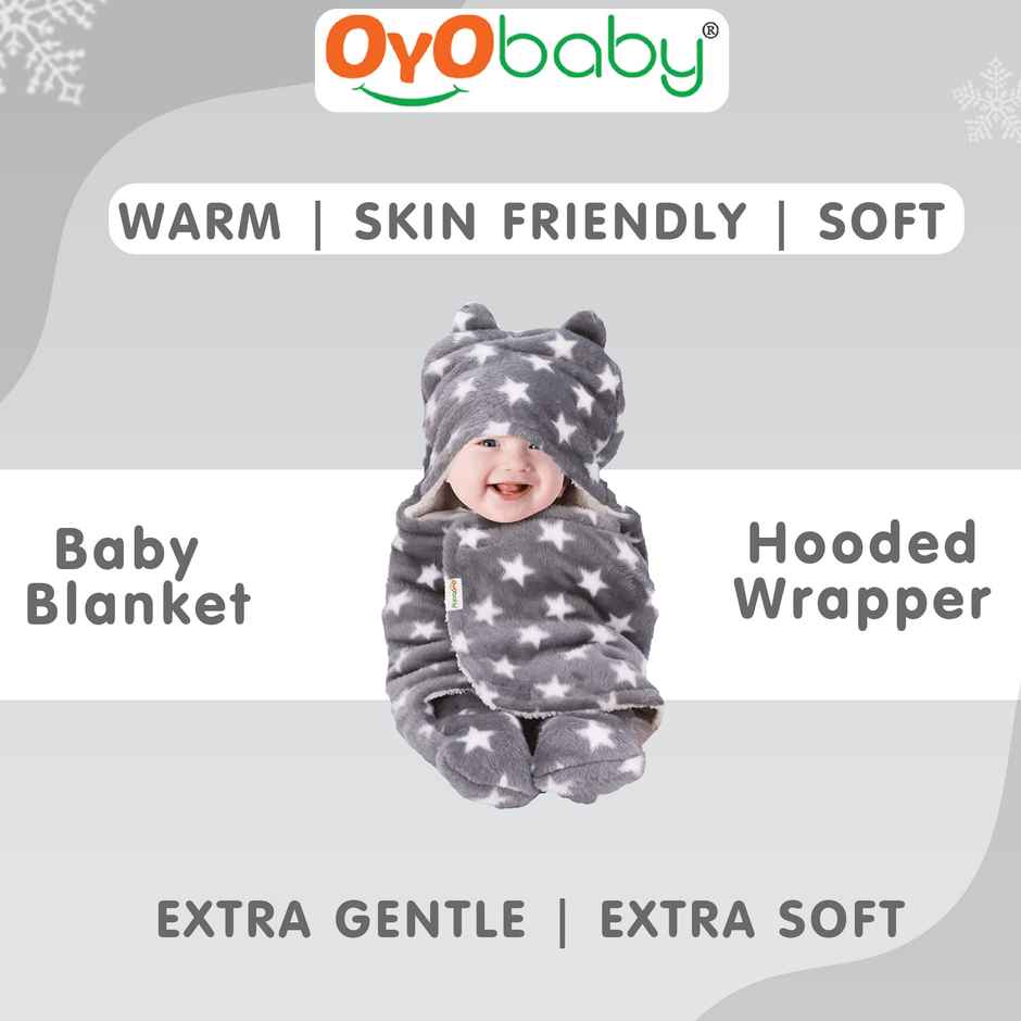 Oyo Baby Blankets New Born Babies Wrapper 76Cm X 70Cm, 0-6 Months Star Grey