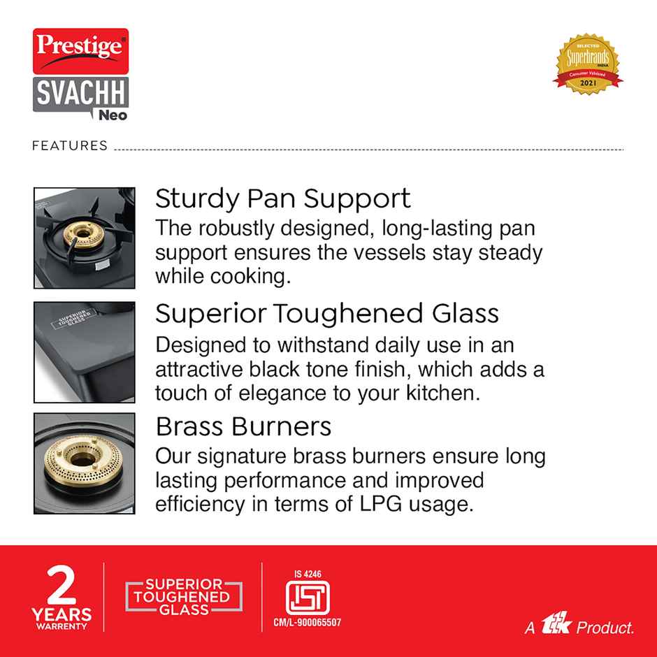 Prestige 3 Burner Svachh Neo GTSN 03 Toughened Glasstop Gas Stove | Liftable Burners | Black