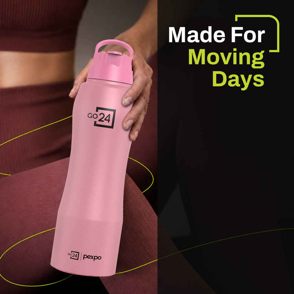 Go24 | Pexpo Stainless Steel Belly Water Bottle With Straw Lid Sipper Cap Easy Grip | Rose Gold | 1 L