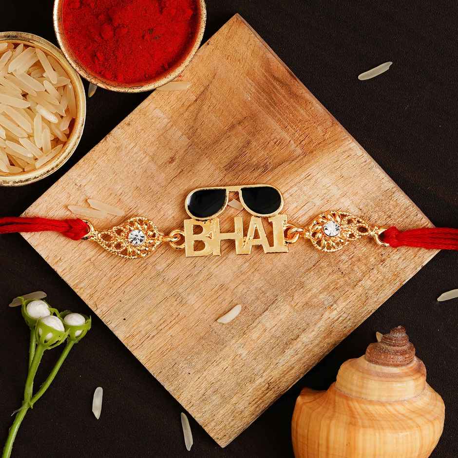 Red Golden Black Bhai Goggle Designer Rakhi with Roli Chawal for Brother | Pack of 1 | Ecraftindia