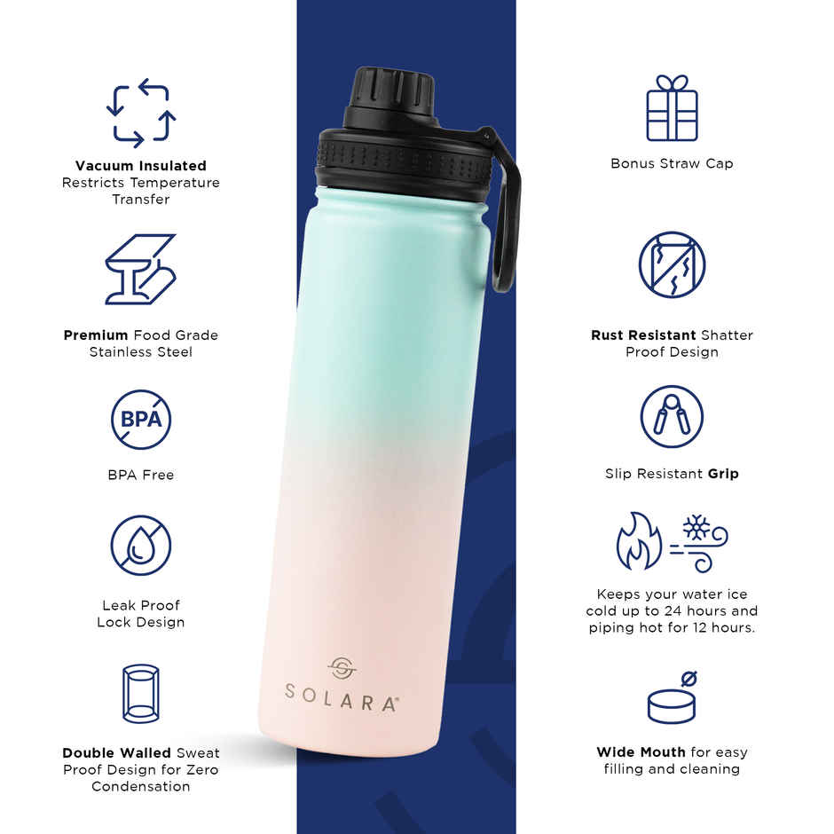 Solara Stainless Steel Insulated Water Bottle for Travel, Office, School, Gym | Blue & Pink | 650 ml