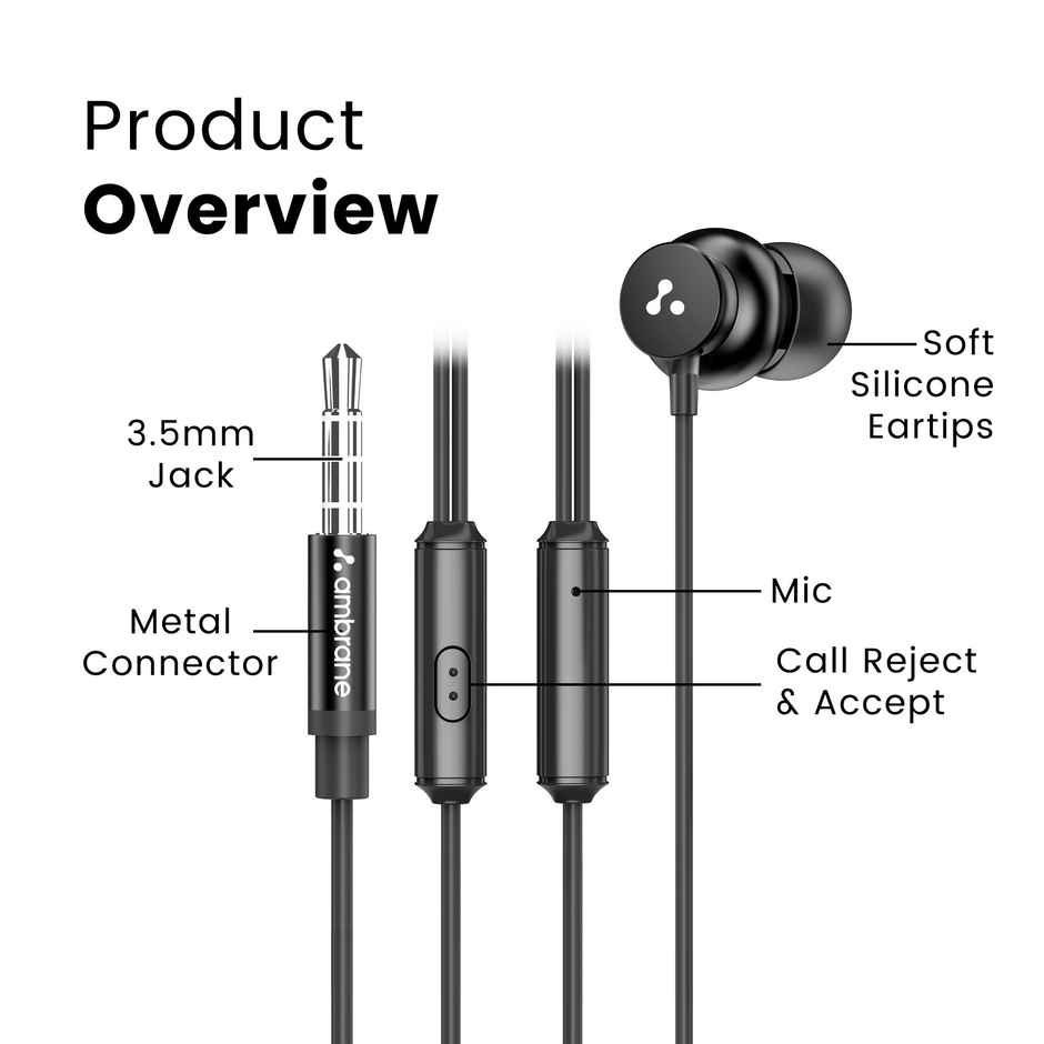 Ambrane 3.5mm Wired Earphones with Mic, Powerful HD Sound with High Bass, Stringz 38 Black