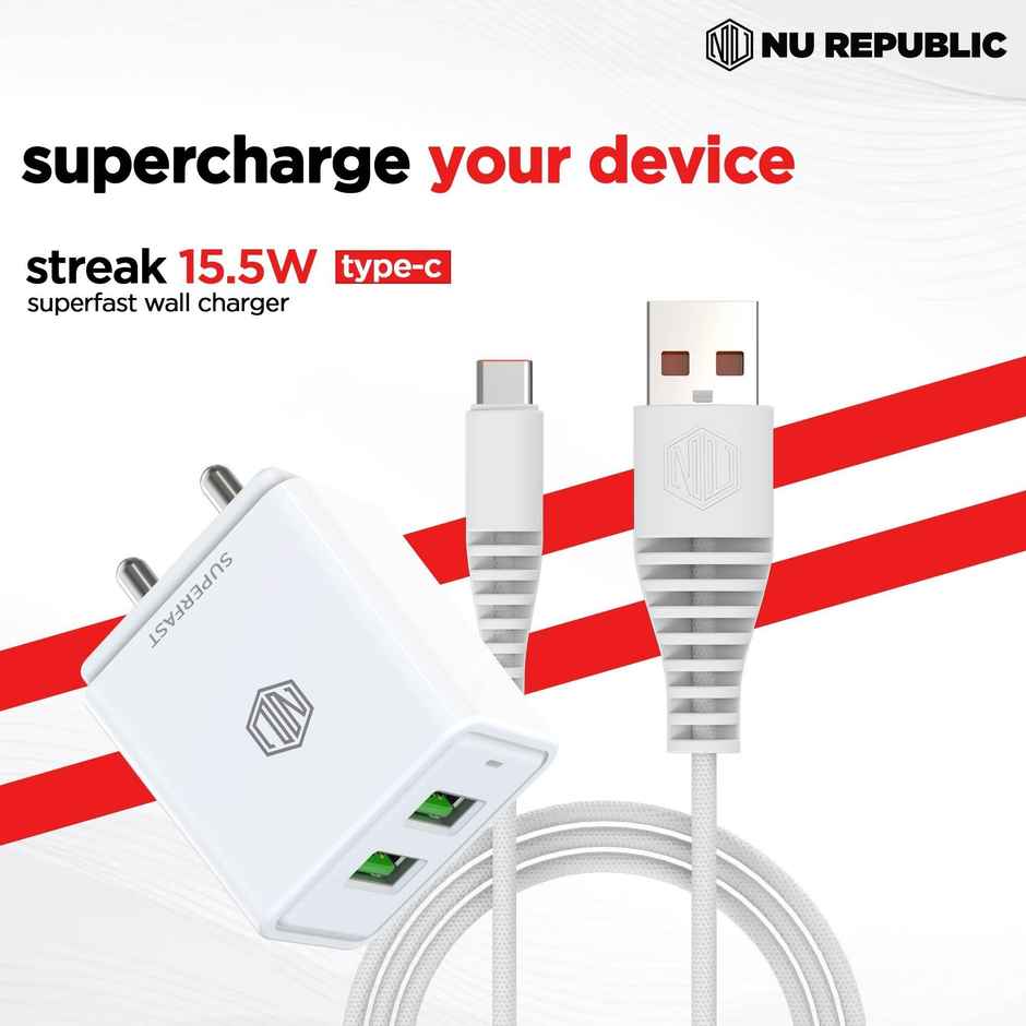 Nu Republic 15.5W Dual USB Port Superfast Multiport Charging Adapter with Cable (Type C to USB A)