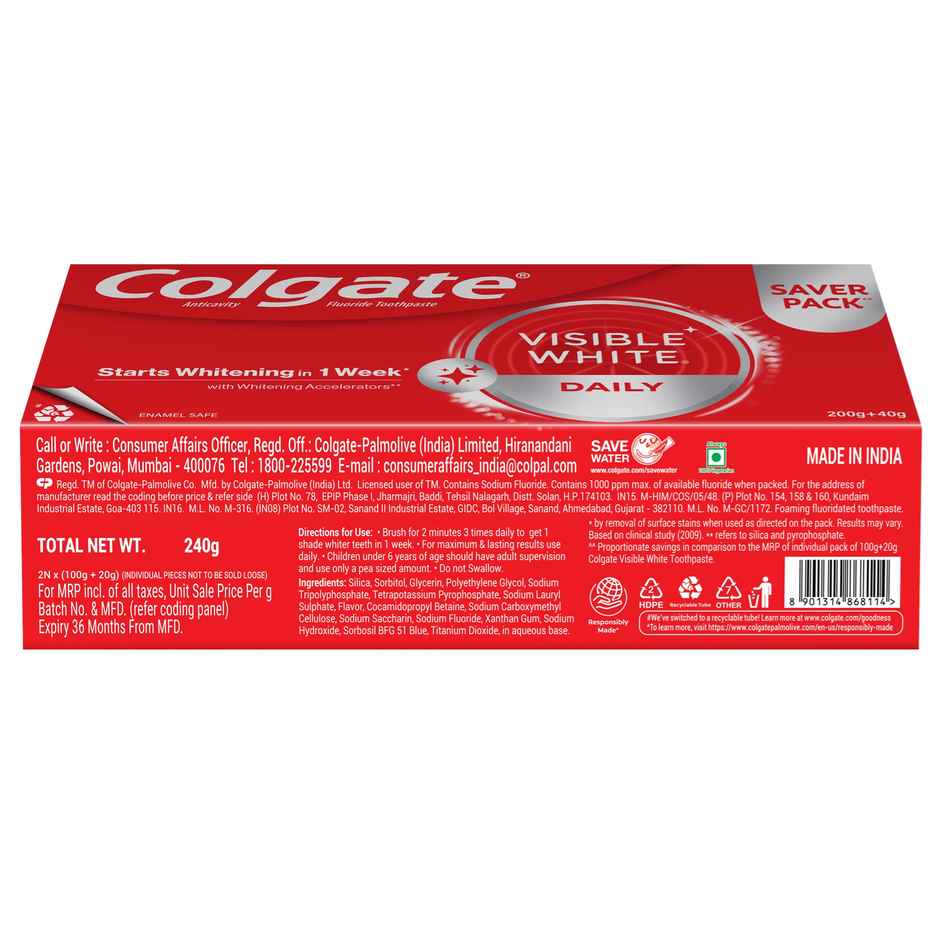 Colgate Visible White Toothpaste, Teeth Whitening Starts In 1 Week, Stain Removal