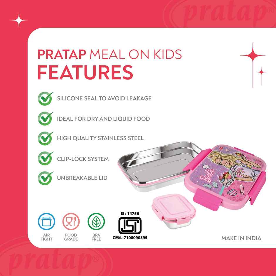 Barbie Kids Stainless Steel Lunch Box Leak Proof, BPA Free Durable for Daily School Use
