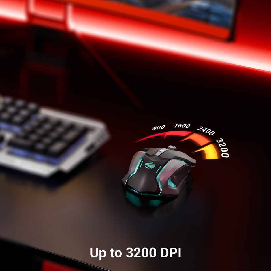 Zeb Transformer-M Gold-Plated USB Wired Mouse, 6 Buttons, Multi-Color LED High Res Sensor,3200 DPI - Black