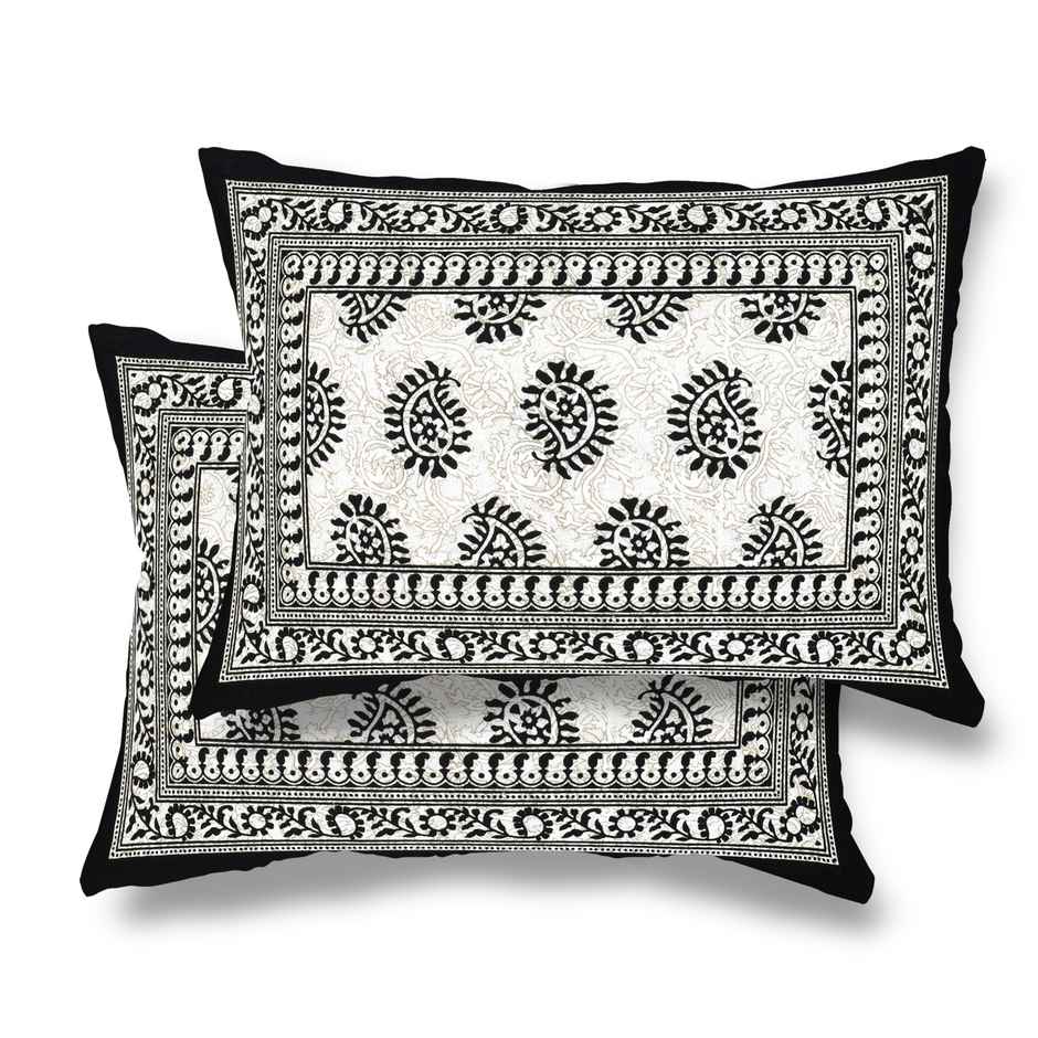 Furnofy King Size 100% Cotton Jaipuri Print Bedsheet, 2 Pillow Covers | Black Keri | B&W | 90x108in