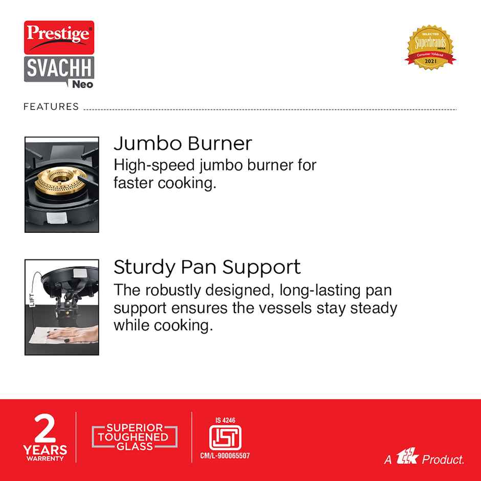 Prestige 3 Burner Svachh Neo GTSN 03 Toughened Glasstop Gas Stove | Liftable Burners | Black