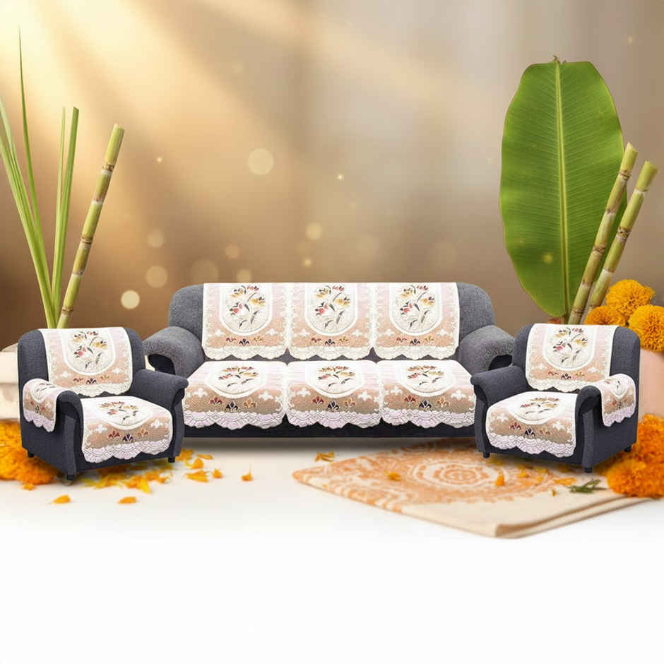 Kuber Industries Pack of 6 Cotton Flower Print 5 Seater Sofa Cover Set | Cream