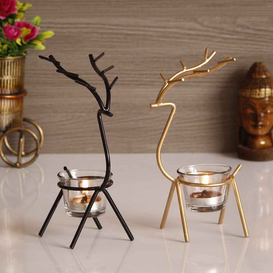 eCraftIndia Black and Golden Deer Shaped Metal Tea Light Candle Holders Set