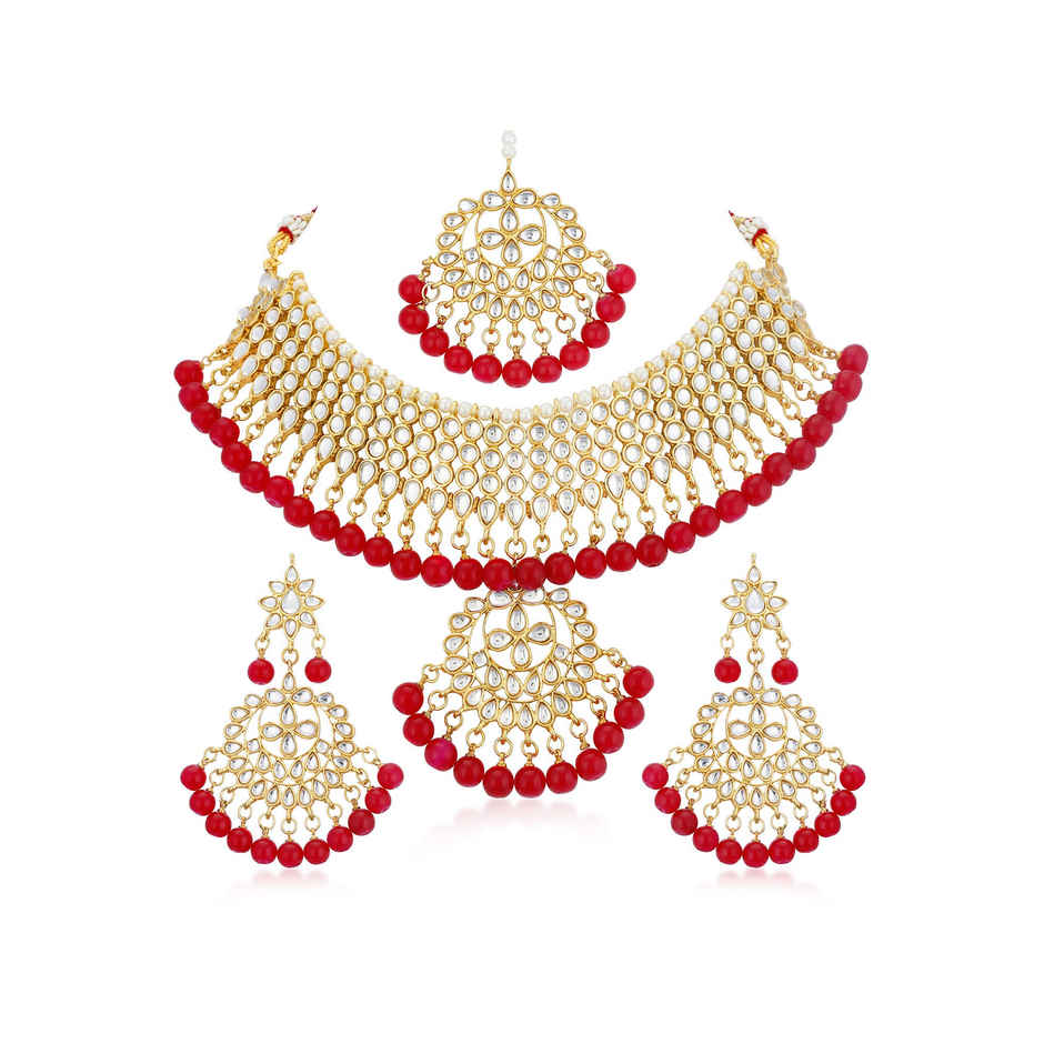 Sukkhi Gold-Plated Ad Stones & Beads Gold & Red Choker Jewellery For Women