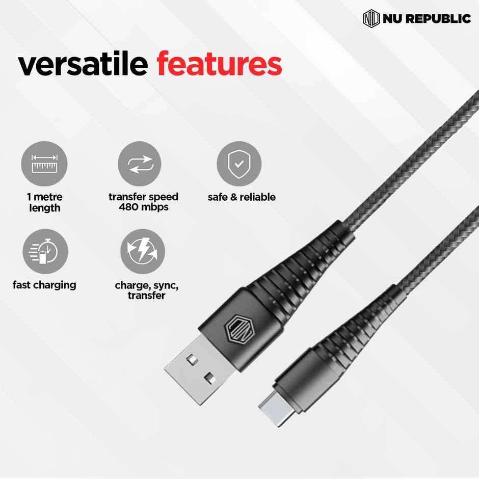 Nu Republic Blaze Ultra Type-C 3.5Amp Fast Charging Tangle Free Sturdy 100 cm Cable for Smartphones, Tablets & Other Type-C Devices with 480 Mbps Data Transmission - Black