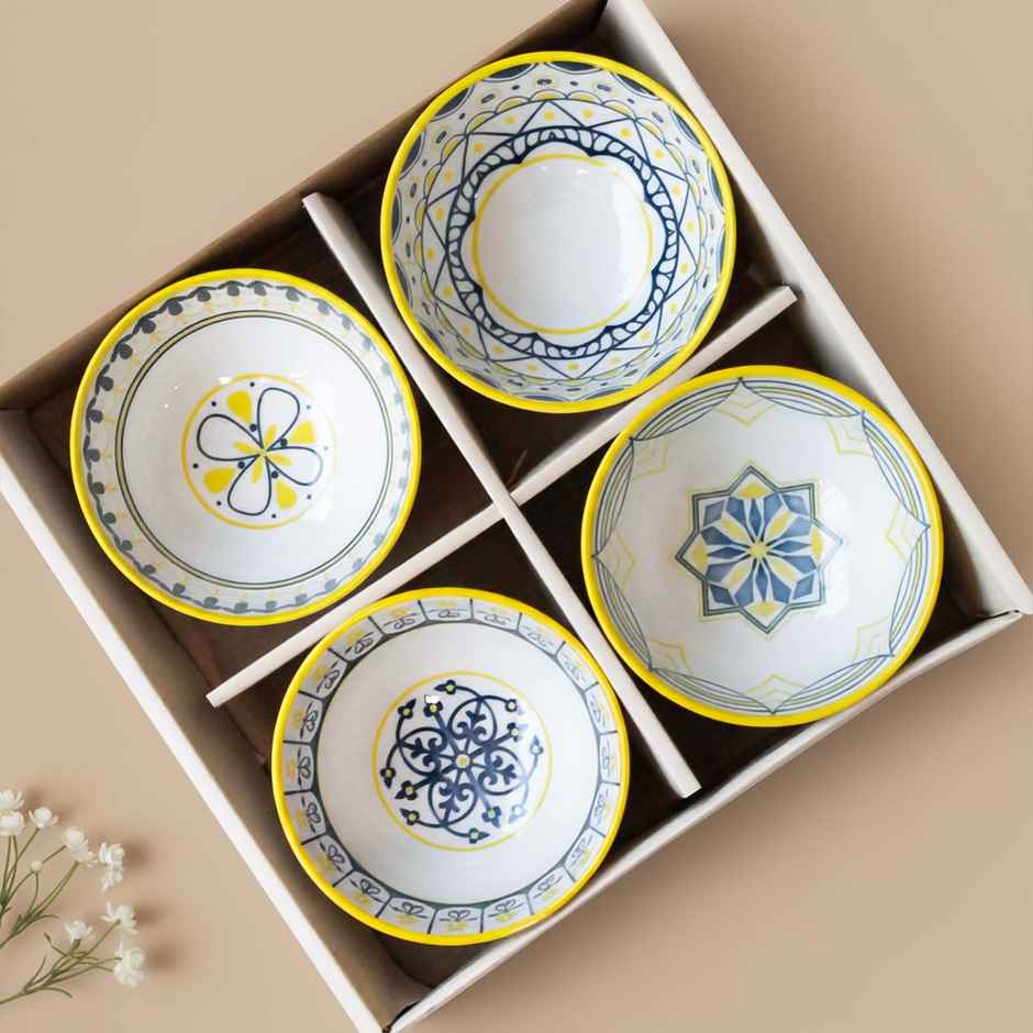 The Earth Store Yellow Floret Ceramic Bowl Set | Microwave & Dishwasher Safe | 300 ml