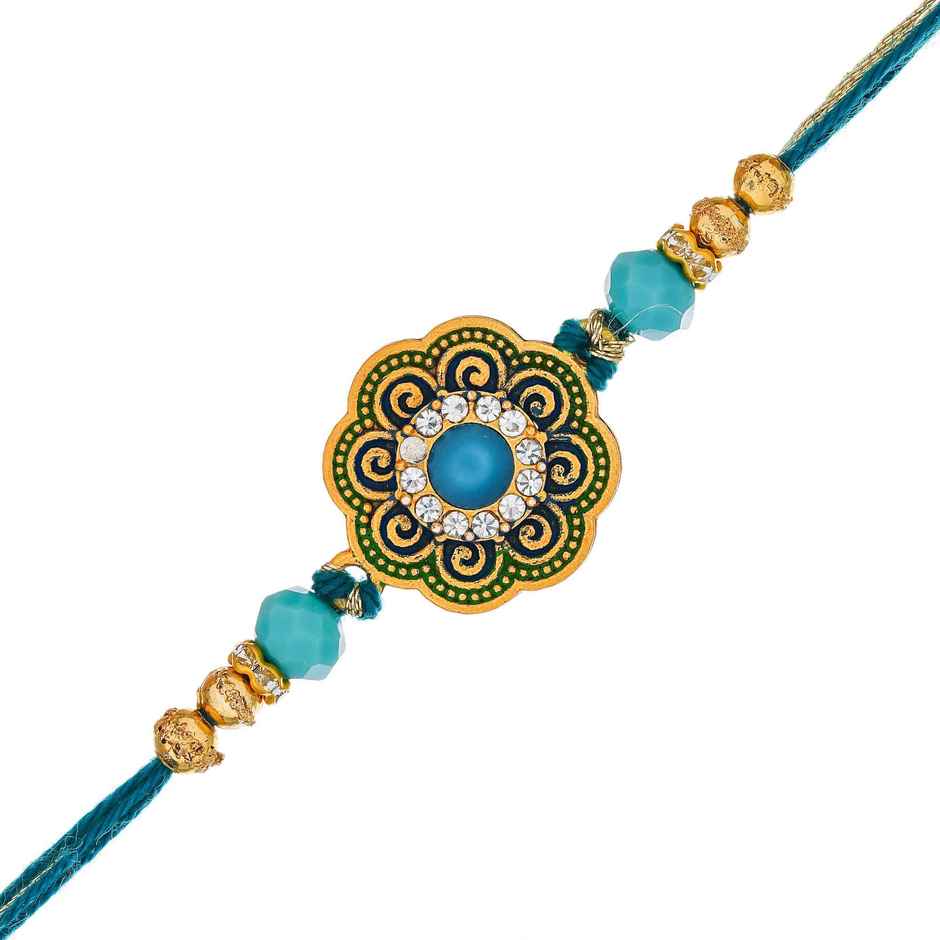 Floral Kundan Designer Rakhi for Bhaiya, Bhai, Bhabhi and Kids with Roli Chawal Pack (eCraftIndia)