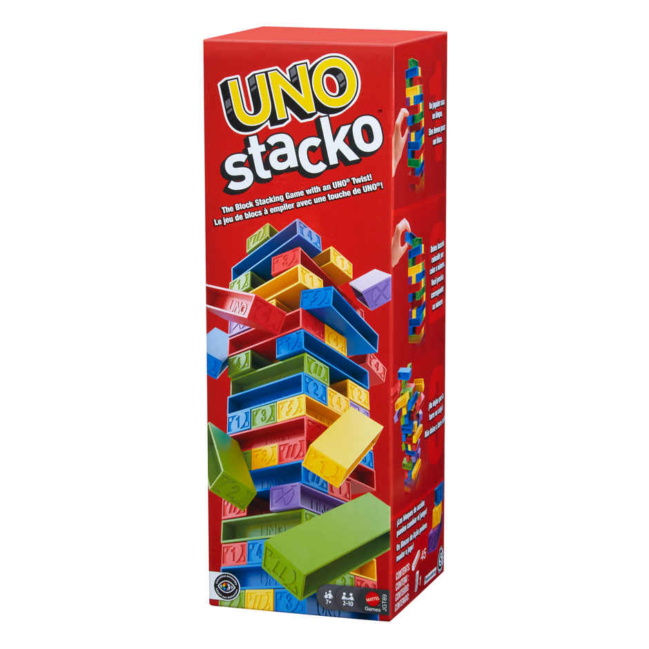 UNO Stacko Game for Kids and Family with 45 Colored Stacking Blocks and Tray