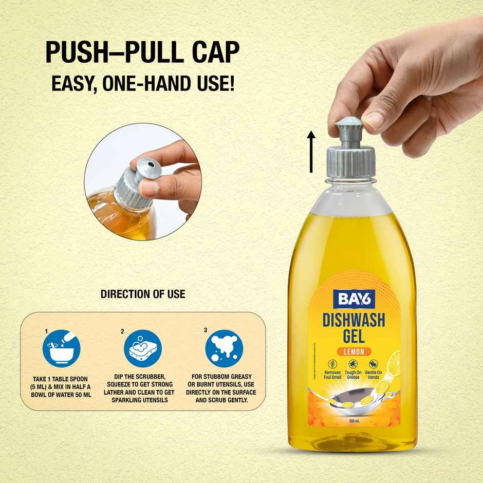 BAY6 Dishwash Gel Liquid Lemon Tough Grease & Foul Smell Removal