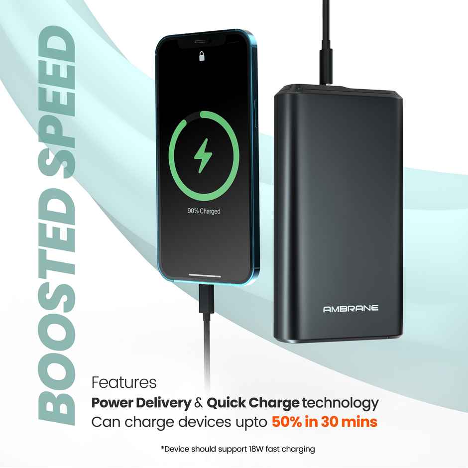 Ambrane 20000 mAh Power Bank With 20W Fast Charging Triple Output Power Delivery Multi-Layer Protection Li-Polymer + Type C Cable (Stylo-20K Black)