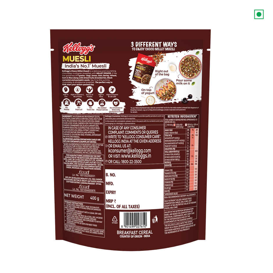 Kellogg's Choco Millet Muesli 78% Fruit, Seeds And Multigrain|Power Breakfast|No Maida No Palm Oil
