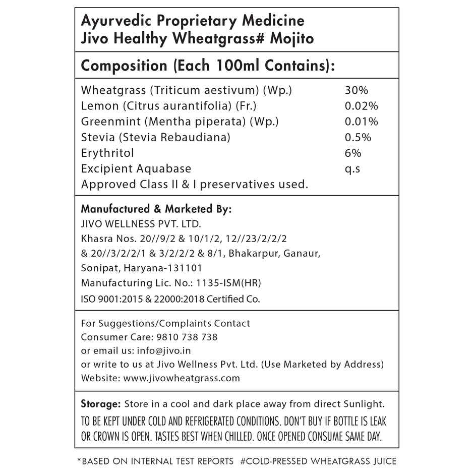 Jivo Healthy Wheatgrass Fizzy Drink | Mojito - Sugar Free