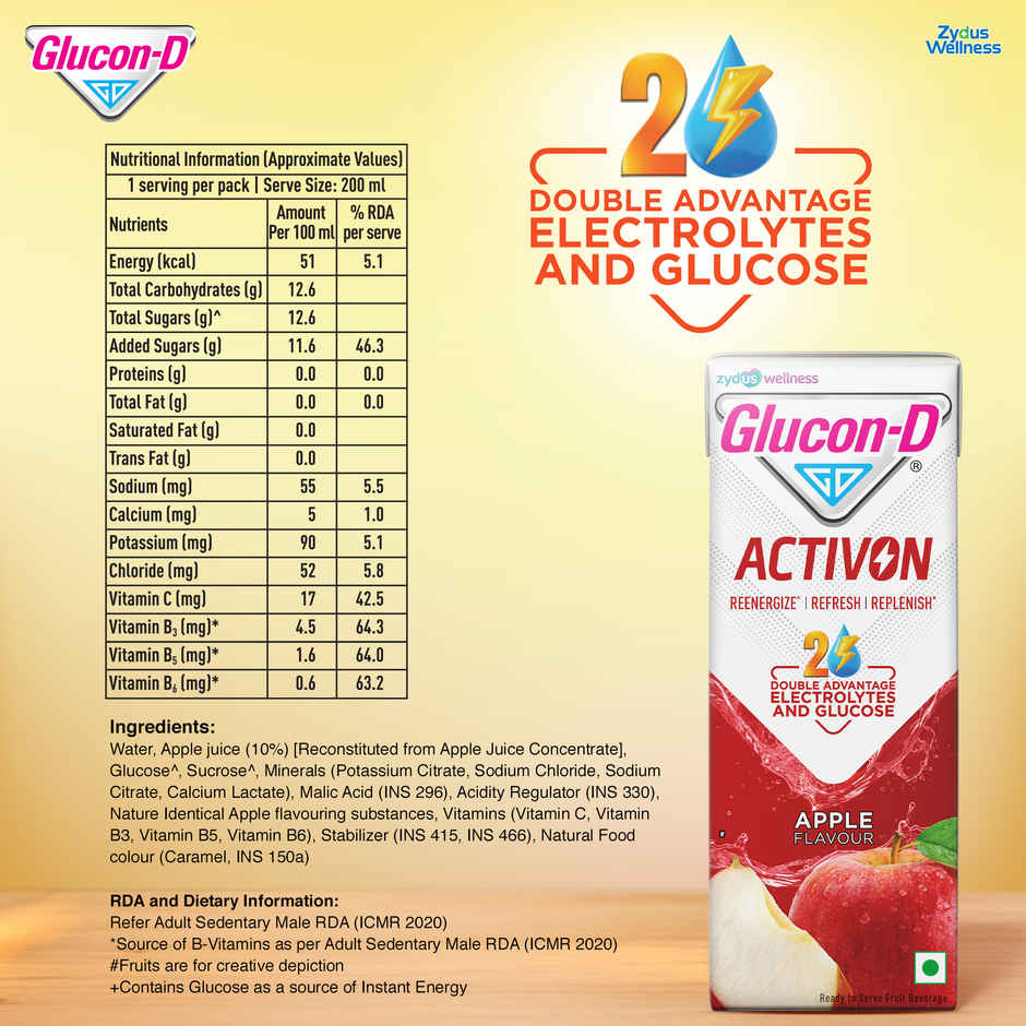 Glucon-D Activon Electrolyte Energy Drink | Apple Flavour