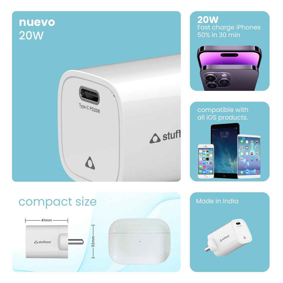 Stuffcool Nuevo 20W Smallest Wall Charger for iPhone (White)
