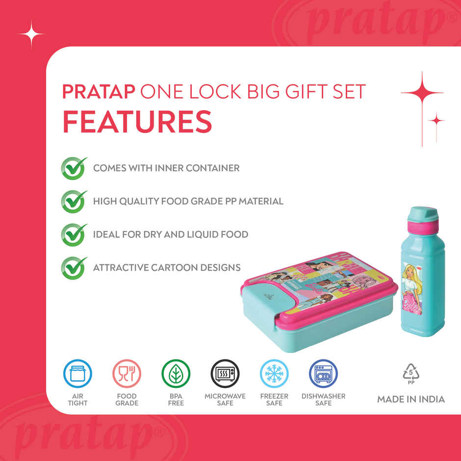 PRATAP One Lock Big Gift Set Lunch Box and Water Bottle LBlue Pink Barbie