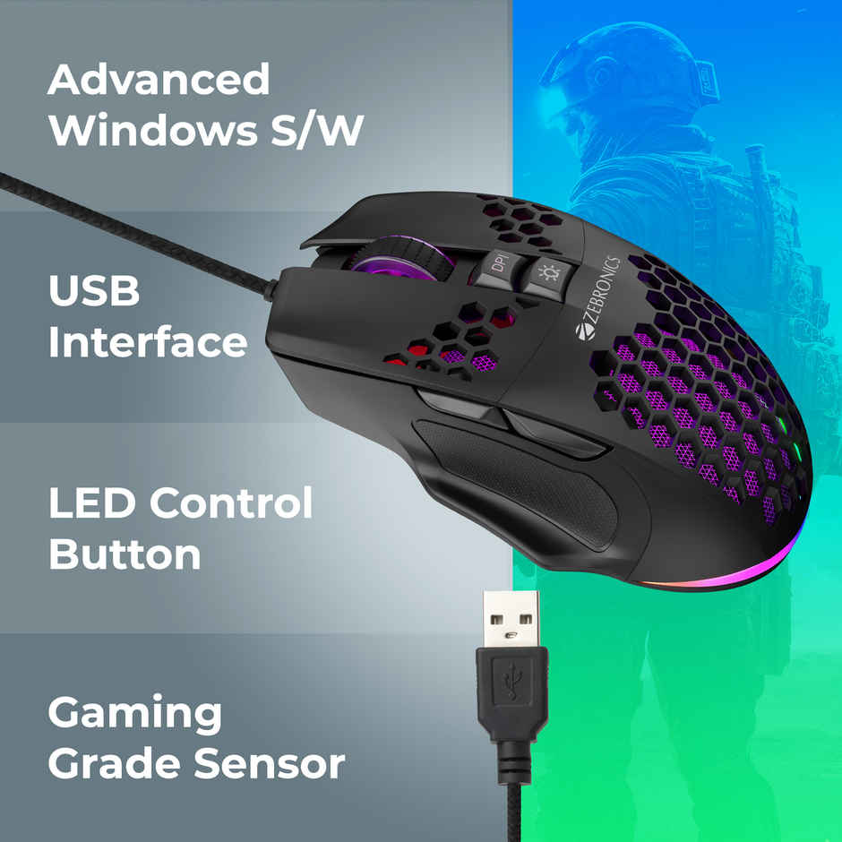 Zebronics Crosshair Premium Gaming Rgb Usb Mouse With Up To 7200 Dpi, Included Custom Magnetic
