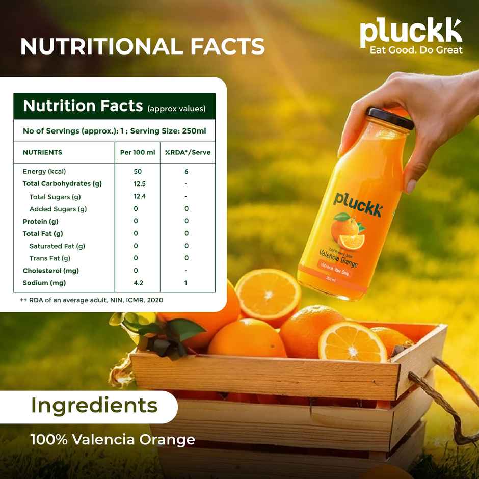 Pluckk Cold Pressed Extracted Valencia Orange Juice | No Preservatives | No Added Sugar