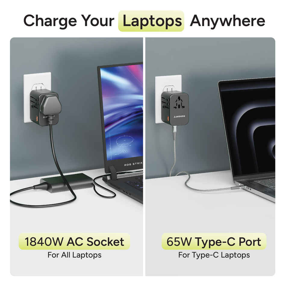 Ambrane Universal Travel Adapter Charger with 65W Laptop | MacBook & Mobile Charging | Black