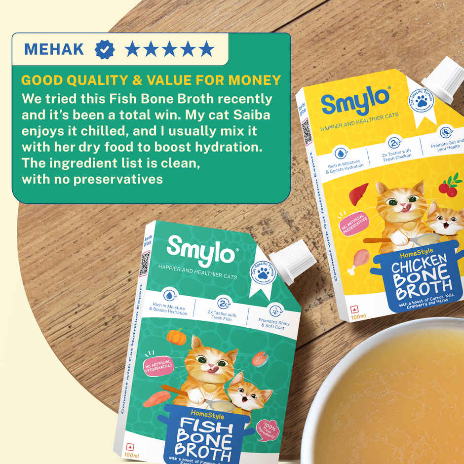 Smylo Homestyle Fish Bone Broth for Cats Hydrating Food Topper for Shiny Coat Strong Joints All Ages