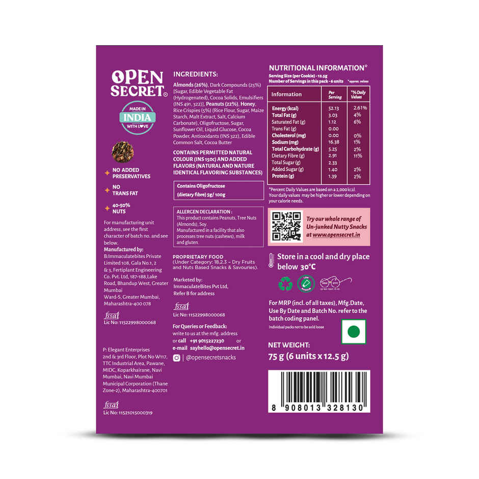 Open Secret Zero Maida Chocolate Almond Cookies | Pack of 6 | Healthy Snacks | High Protein