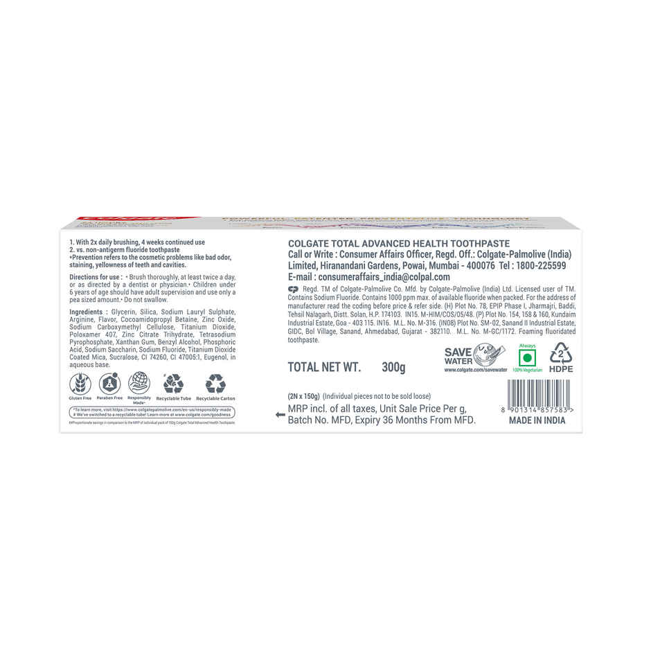 Colgate Total Advanced Health Antibacterial Toothpaste and Toothbrush, Enamel Protection, Combo