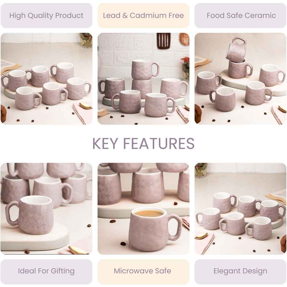 The Earth Store Lavender Pebble Ceramic Tea Cups | 200 ml Microwave Safe Coffee Cup