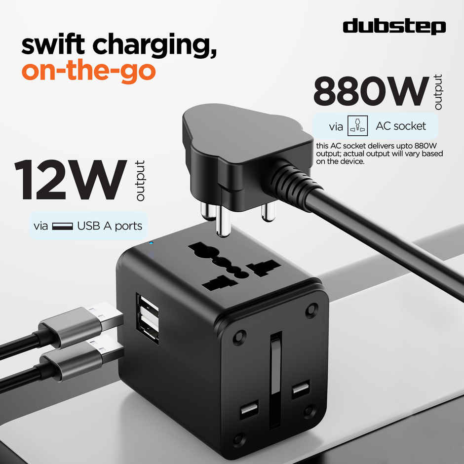 Dubstep Voyager 12W Universal Travel Adaptor, All in One Worldwide Travel Adapter and Wall Charger with Dual USB-A Ports & Power Led Light, 200+ Countries Compatible - Black