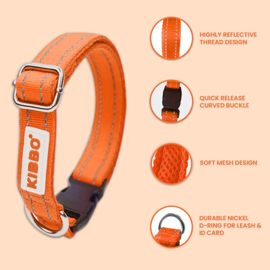 KIBBO Padded Reflective & Adjustable Dog Collar | Orange - Medium