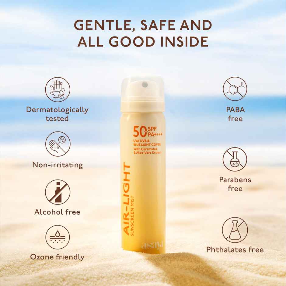 Asaya Air Light Mist Sunscreen spray for Face & Body SPF 50 PA+++,No white cast & makeup friendly