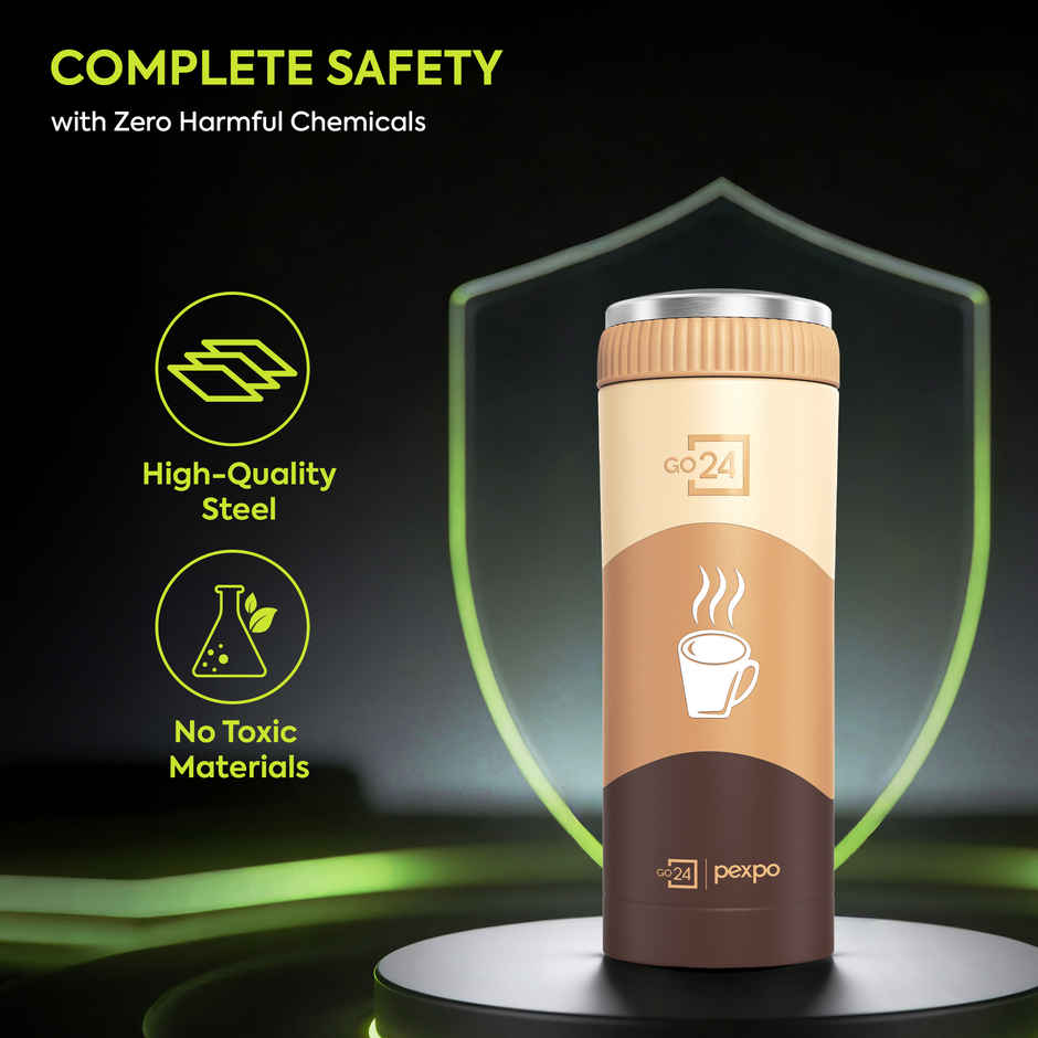 Go24 | Pexpo Vacuum Insulated UV Bottle, Stainless Steel Hot & Cold Flask | Brown