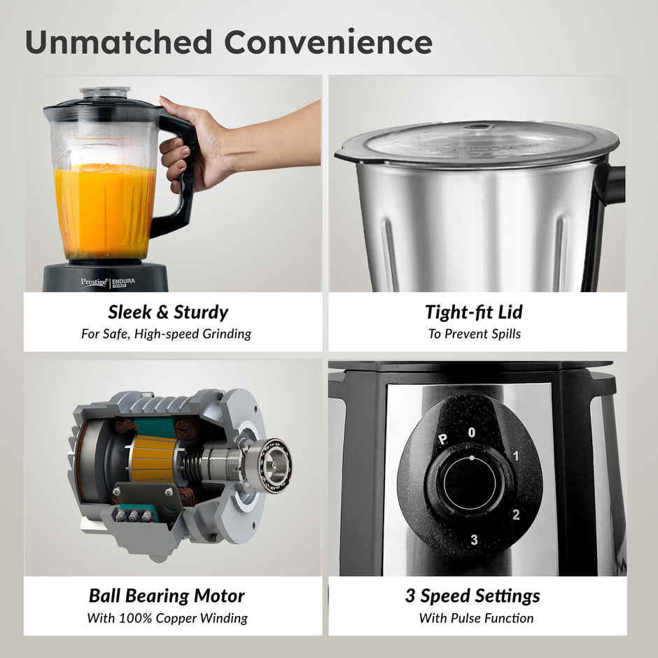 Prestige Endura 1000 Watts Mixer Grinder, Heavy-Duty Ball Bearing Copper Motor, 3 SS+1 Juicer, Black