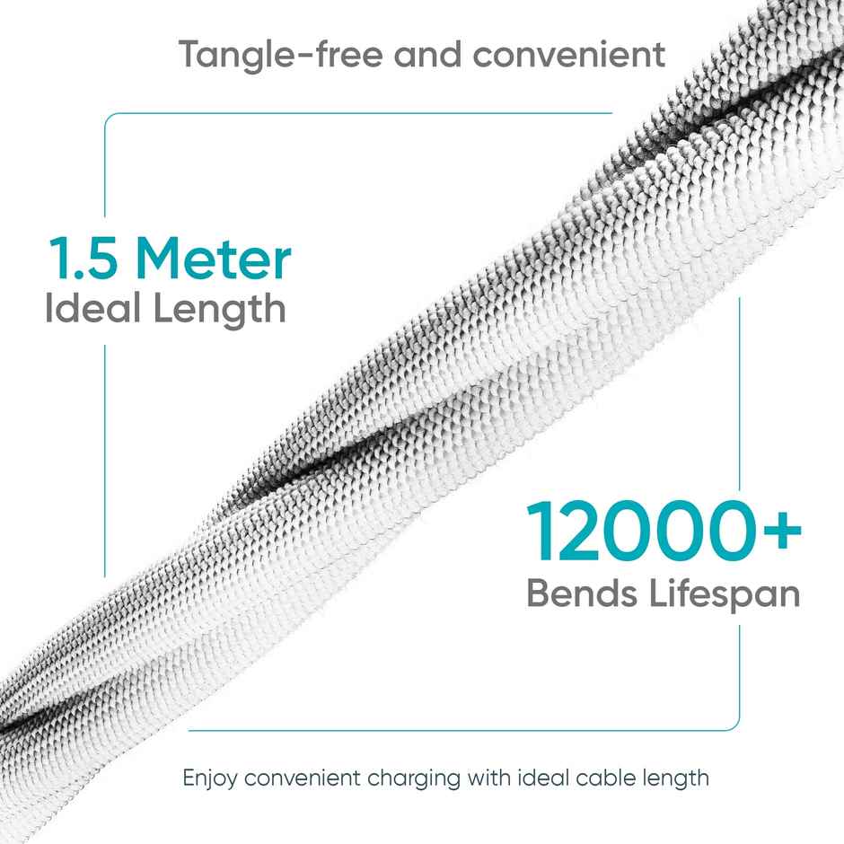 Ambrane Unbreakable 3A Fast Charging 1.5m Braided Type C Cable | USB to C Cable | White 