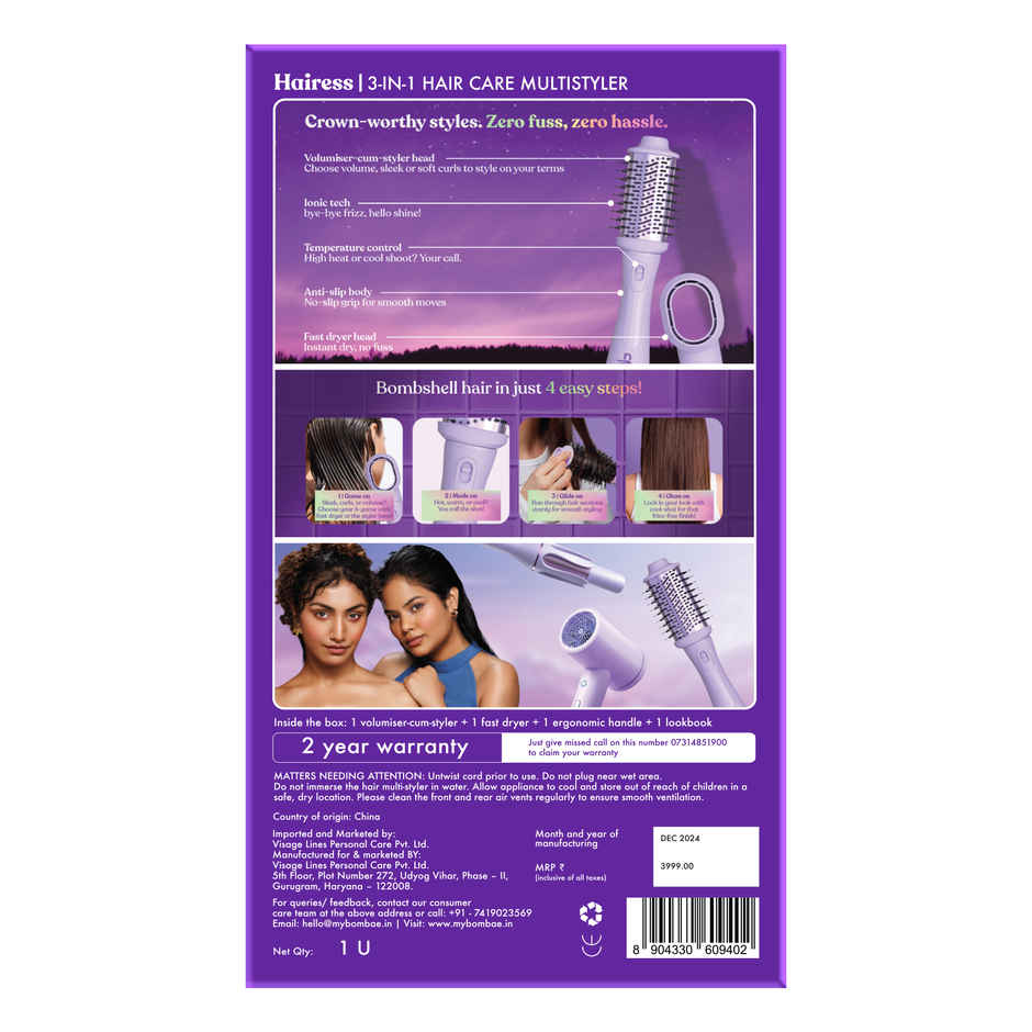 BSC Bombae Hairess Ionic 3-In-1 Hot Air Brush Hair Dryer | Volumizer & Straightener