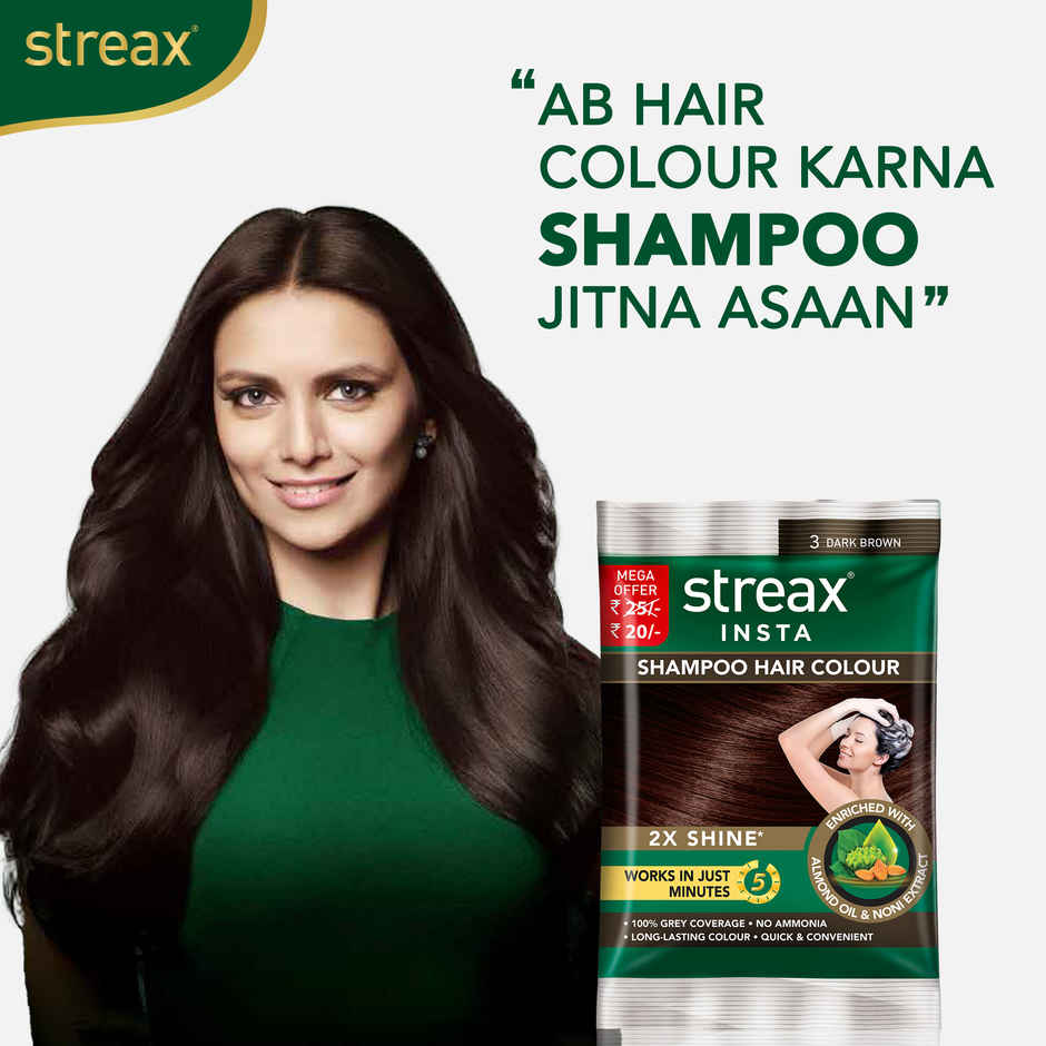 Streax Insta Shampoo Hair Colour for Women and Men- Dark Brown |100% grey coverage in 5 mins