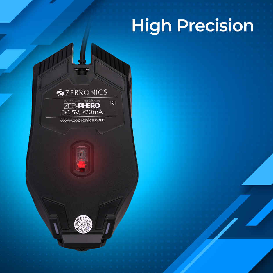 Zebronics Phero Wired Gaming Mouse With Up to 1600 DPI, LED Lights, DPI Switch, High Precision,4 Buttons - Black