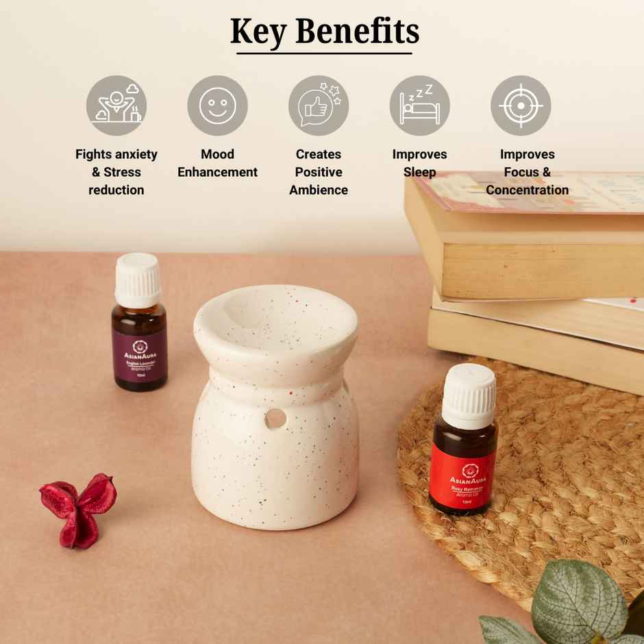 Asian Aura Ceramic Candle Diffuser with Rosy Romance & Lavender Oils | 10 ml Each + Tea Light