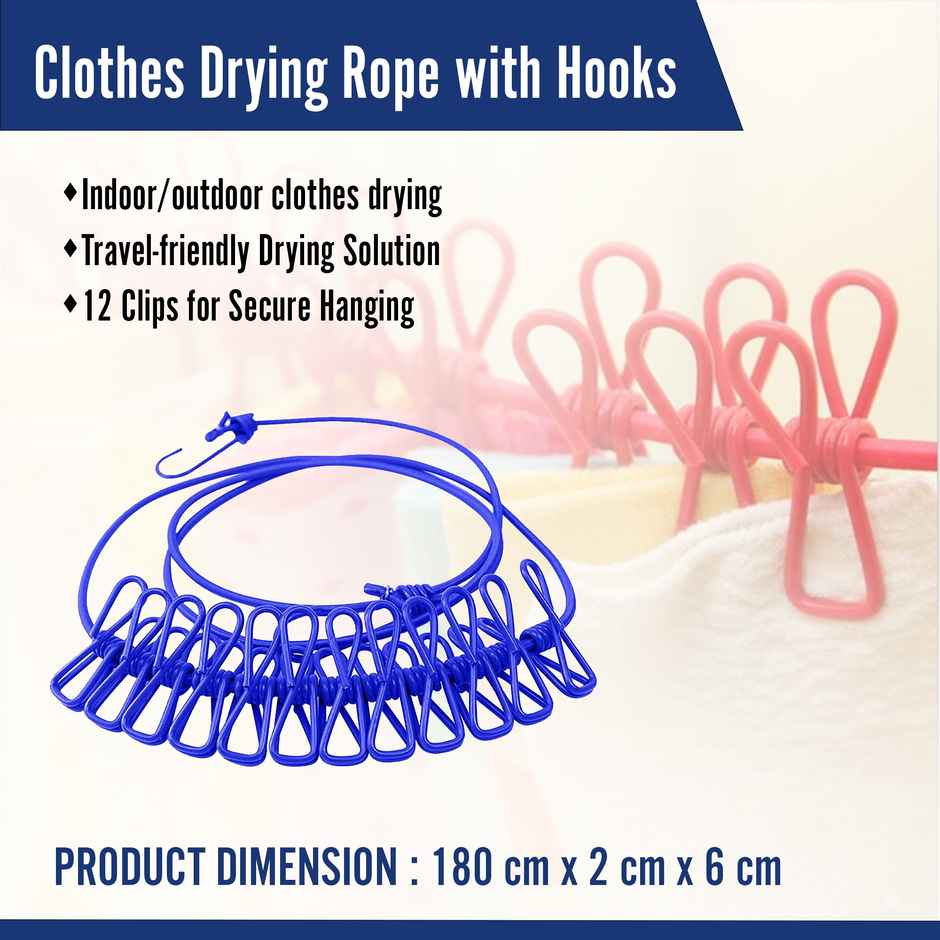 Kuber Drying Rope with Clips | Portable Cloth Line for Travel | 1.8 Meter | Multicolor