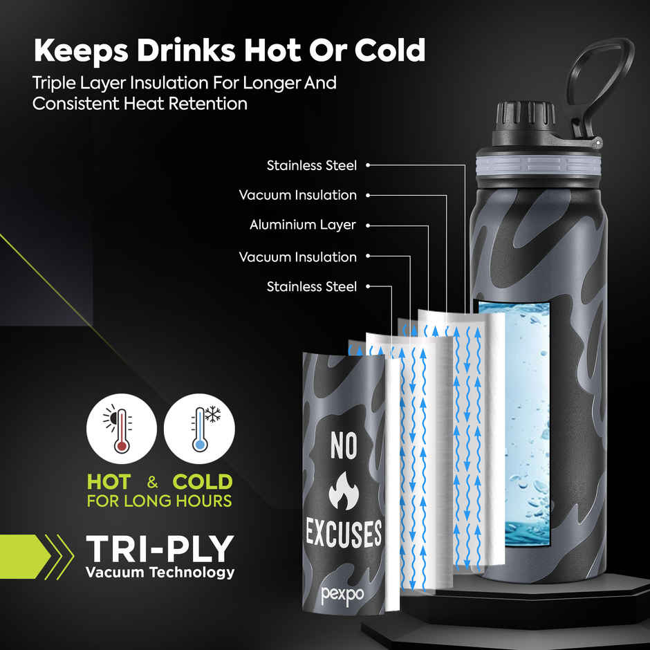 Pexpo Austin 800 ISI Certified Stainless Steel Vacuum Insulated Flask | Knight Black | 740 ml