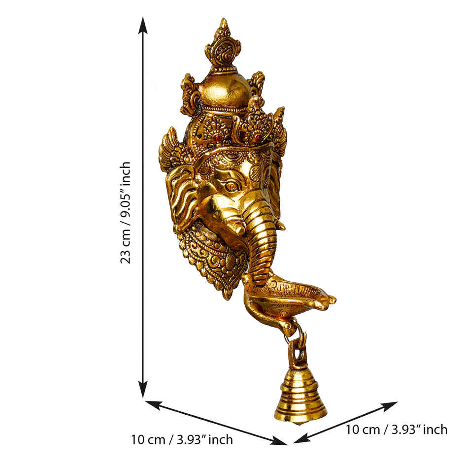 Golden Metal Lord Ganesha Face Wall Hanging Diya With Bell | eCraftIndia