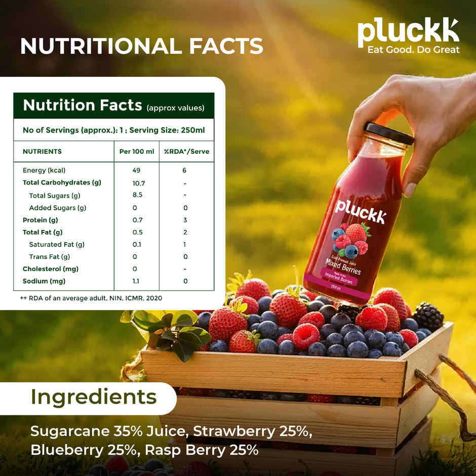 Pluckk Cold Pressed Extracted Mixed Berries Juice | No Preservatives | No Added Sugar