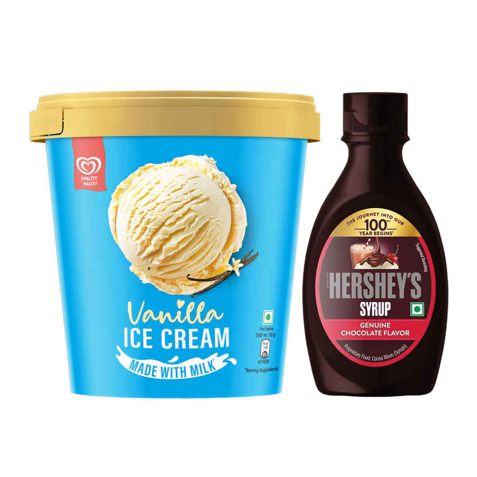 Kwality Wall'S The Dairy Factory Vanilla Ice Cream Tub (700ml) & Hershey'S Chocolate Syrup | Topping Sauce (180g) Combo
