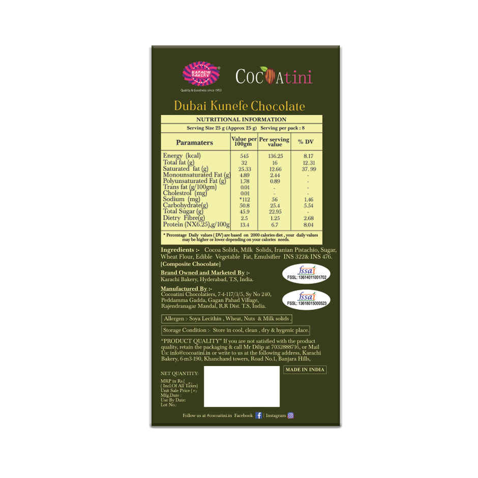 Karachi Bakery Dubai Kunefe/Kunafa Milk Chocolate Bar